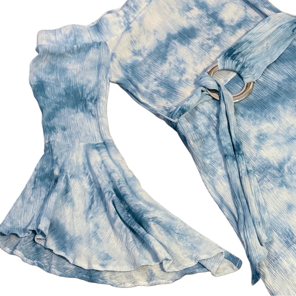 VENUS Sky Blue Tie Dye Bell Sleeve Belted Boho Mini Off Shoulder Rayon Size 6 - Picture 15 of 17